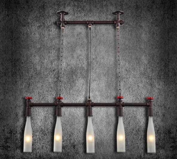 retro loft style water pipe wine bottle industrial pendant lamp with 5 lights,for dining room coffee hall bar,e27 bulb included