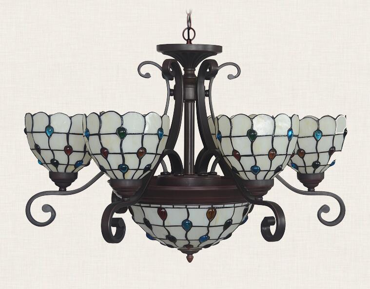 retro style stained glass 6 arms chandelier with inverted ceiling pendant light,