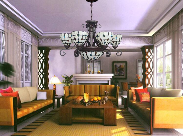 retro style stained glass 6 arms chandelier with inverted ceiling pendant light,
