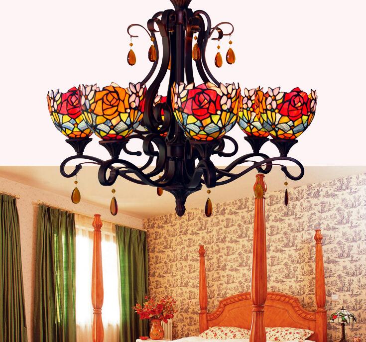 vintage style stained glass rose flower 6-lights chandelier with inverted ceiling pendant lamp,yslc-2,