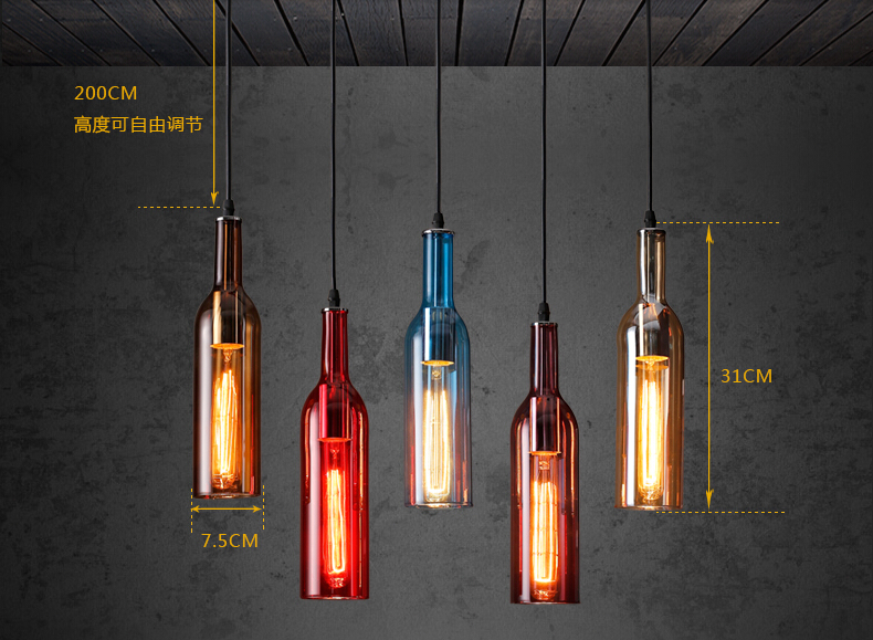 5 colors vintage glass bottle edison pendant lights fixtures for bar home living hanging lamp droplight suspension luminaire