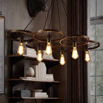 american country industrial style wheel pendant lamps with 6 lights,retro loft metal pendant light for bar home living lights