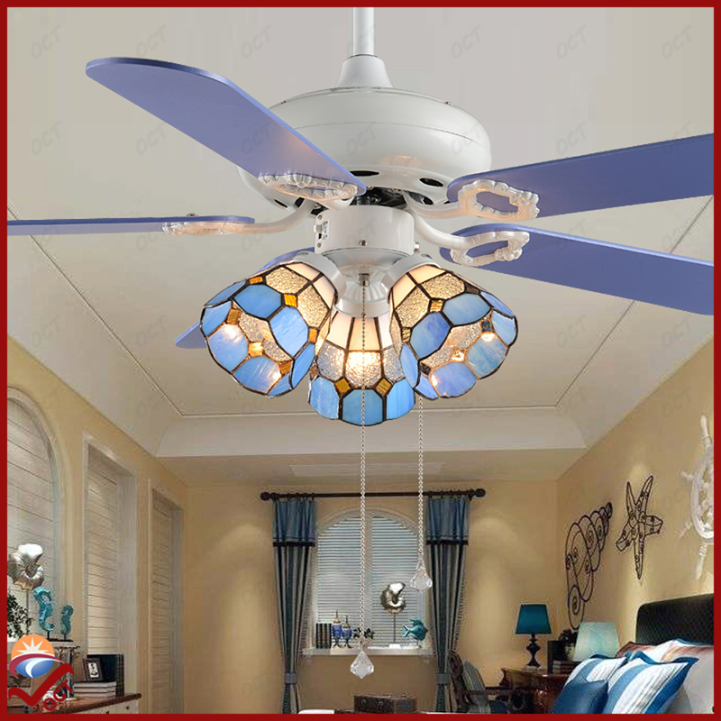 european luxury blue wooden blades ceiling fan lights 220v 110v living room fan lamps tiffany glass lampshade ventilador louis