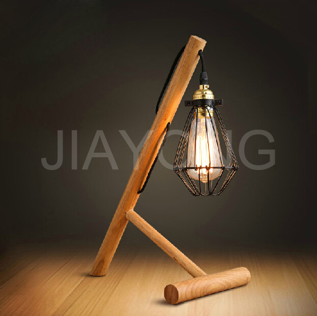 creative retro cafe bar desk lamp table light personality style iron cage wood decoration table lamp ac 110-220v