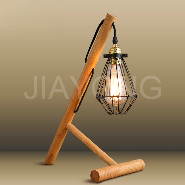 creative retro cafe bar desk lamp table light personality style iron cage wood decoration table lamp ac 110-220v