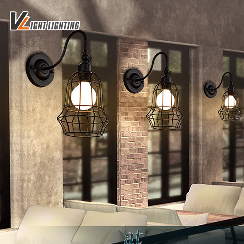 retro indoor vintage wall light led lights iron cage lampshade lighting fixture e27 110-240v