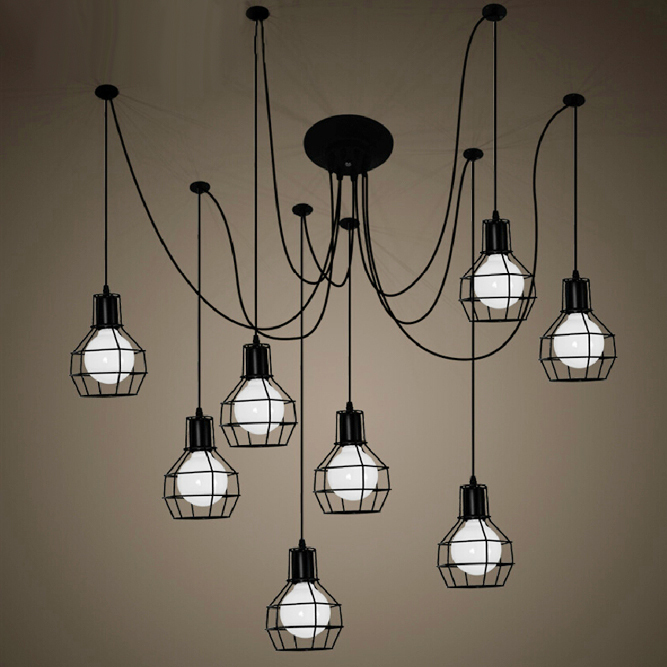 spider pendant lights vintage style small iron cages 1/6/9/12 heads hanging light lamps/e27 lamp base black