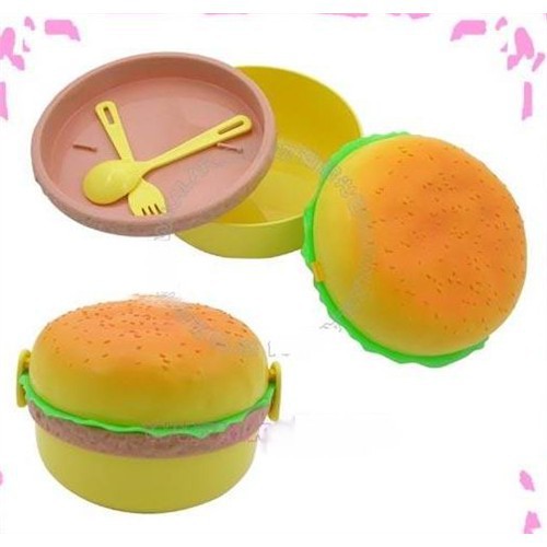 1pcs hamburger shape plastic bento lunch box w fork & spoon wonderful gift