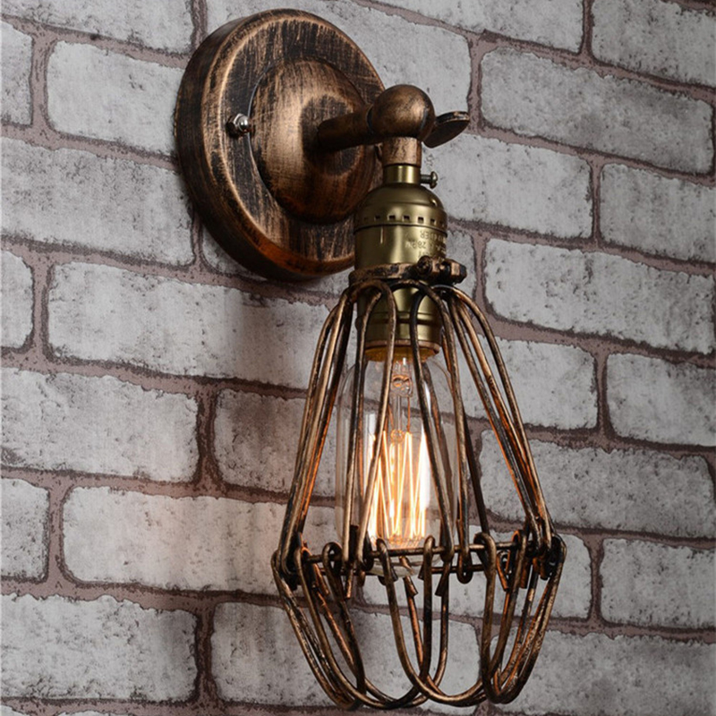 antique cage iron wall lamp american style handmade brush painting brown color 1*e27 screw-mount-not included bulb