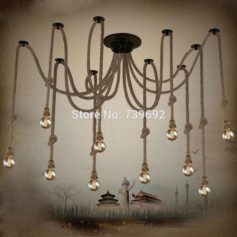 art decoration diy hand made vintage loft hemp rope chandelier lights retro spider ceiling lights for dining room