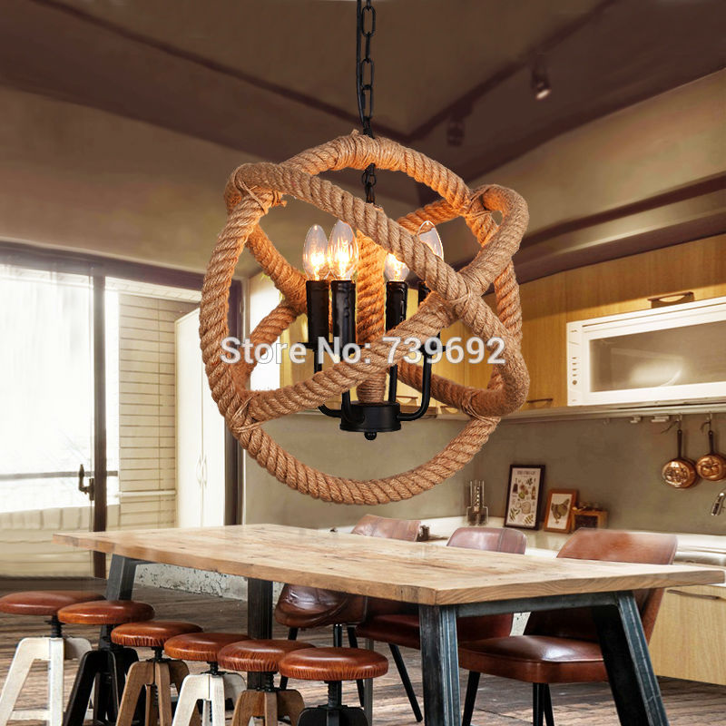 loft style nordic retro hanglamp creative pastoral clothing store coffee hall vintage hemp rope iron pendant lights 4*e14 bulb