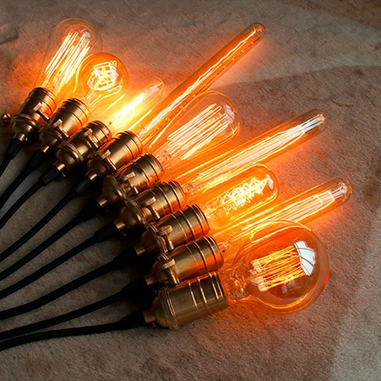 single heads american vintage pendant lights copper lamp holder edison light bulbs industrial lamps e27 90-260v 100cm woven wire
