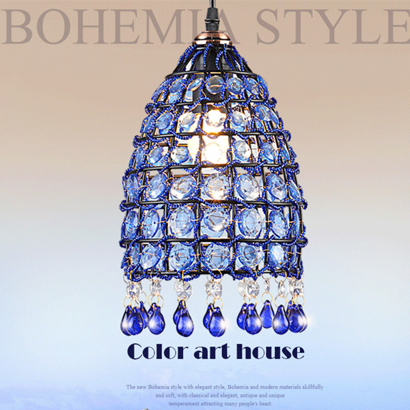 2015 new arrival bohemia miderranean patoral hand knitting blue crystal led e27 pendant light for dining room