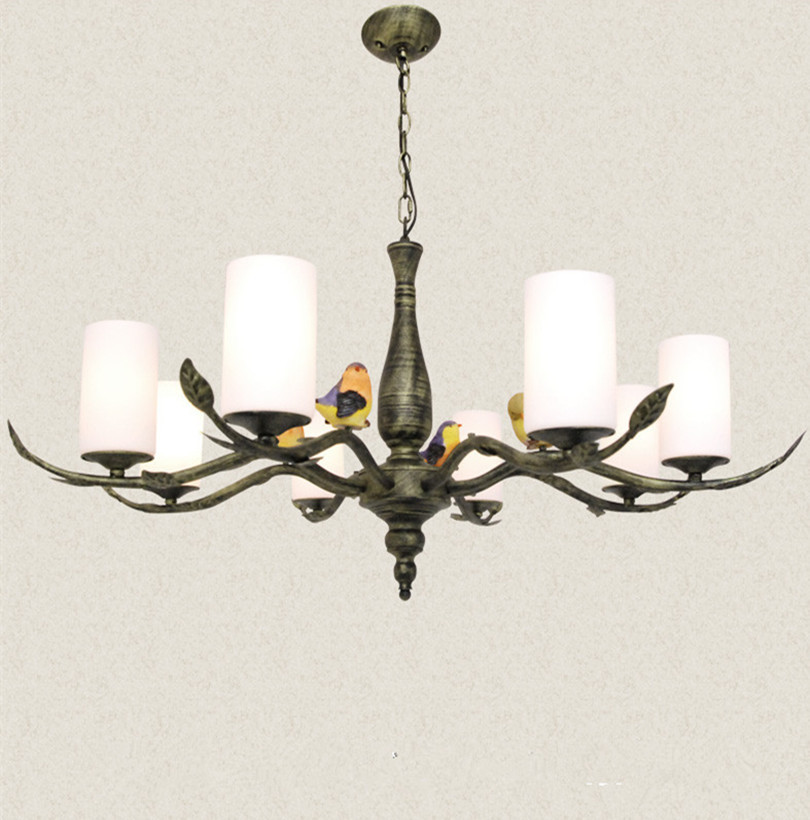 2015 new solid wood brone green 8 head 3d resin bird chandelier with frosted glass or fabric lampshade