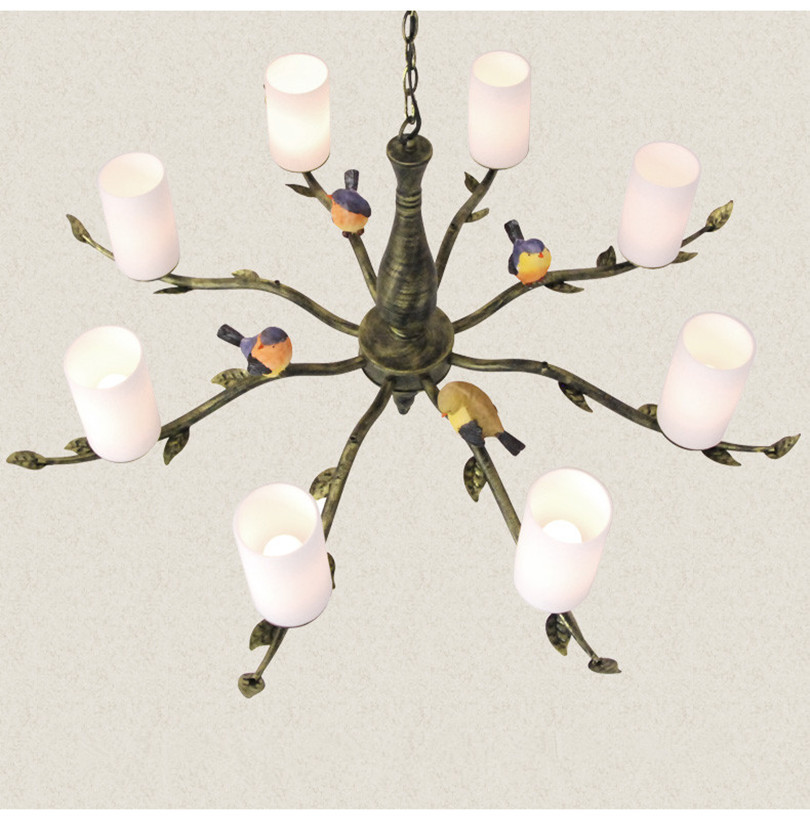 2015 new solid wood brone green 8 head 3d resin bird chandelier with frosted glass or fabric lampshade