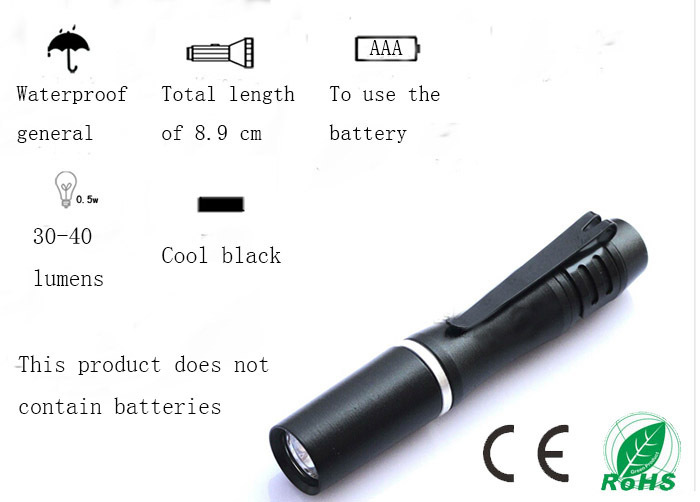 pen buckle style 8.9 cm mini type pocket led flashlight, easy to carry, energy-saving, long service life, use aaa batteries