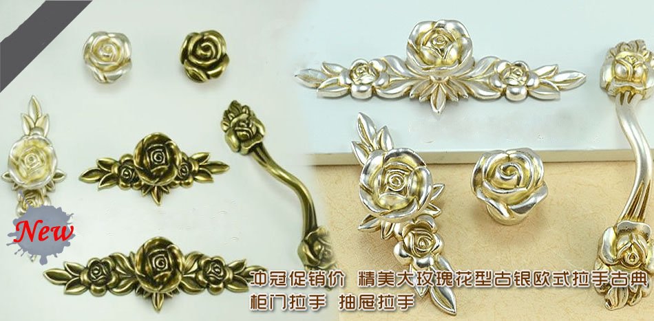 96mm l134xw27xh27mm archaize silver with golden color zinc alloy flower furniture handles/cabinet handle