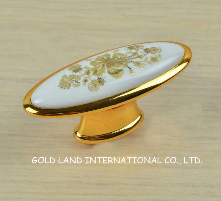 l60xw25xh30mm zinc alloy be plating 24k golden ceramic furniture cabinet knob