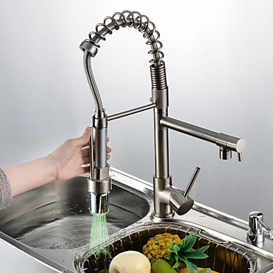 contemporary nickel brushed spring pull out kitchen faucet tap with led color changing ,torneiras para pia cozinha grifo