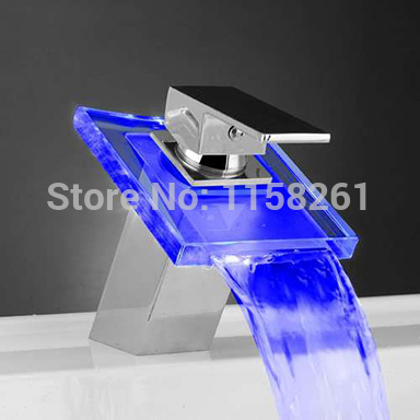 new waterfall 3 colors led bathroom basin mixer tap sink glass chrome brass deck mounted faucet wf-6072