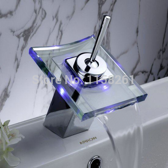 new waterfall 3 colors led bathroom basin mixer tap sink glass chrome brass deck mounted faucet wf-6074