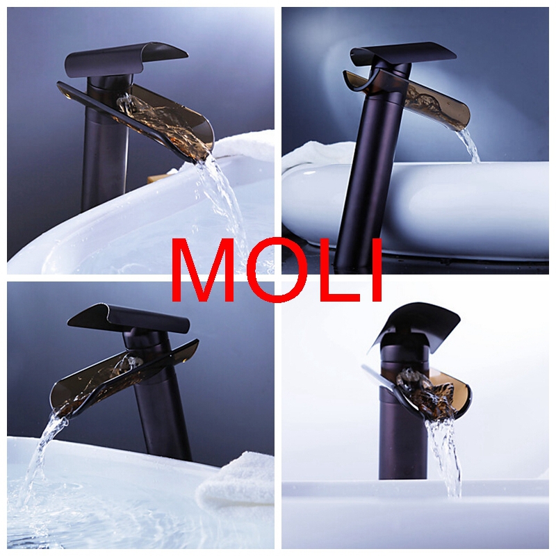 bathroom soild brass brushed nickel finished and oil rubbed bronze basin faucet glass spout waterfall water tap
