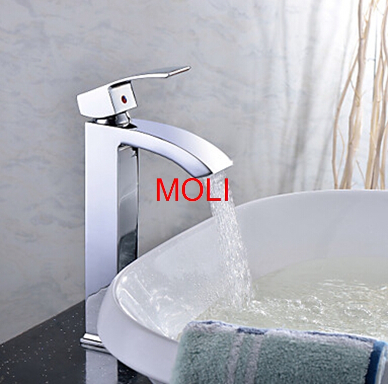 bathroom tall faucet square single handle water taps deck mounted waterfall vessel sink mixer torneiras
