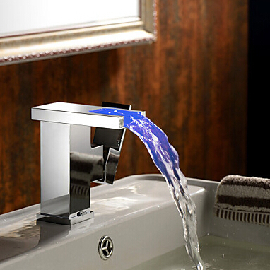 led 3 color bathroom tap waterfall basin faucet square sink mixer tap