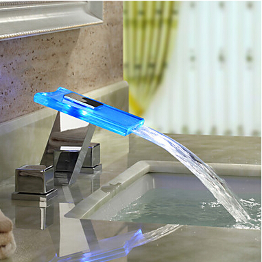 led glass faucet waterfall mixer tap 3 hole water tap for bathroom basin sink