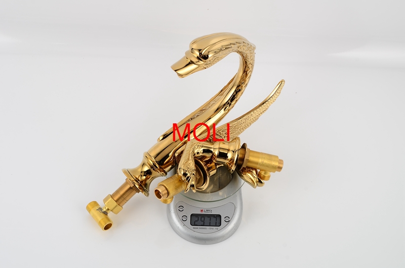 luxury copper gold finish bathroom faucet golden swan faucets double handle three hole vessel sink tap mixer