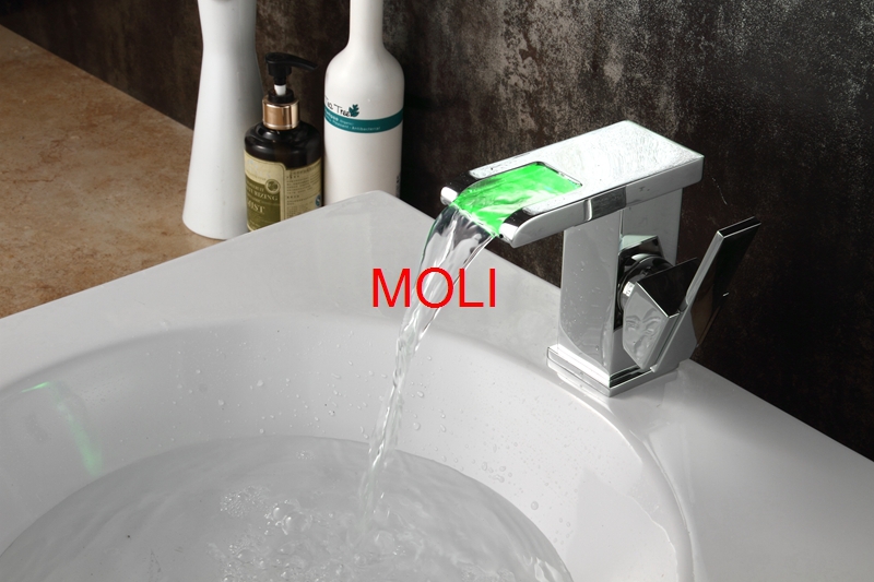 soild brass chrome finish faucet bathroom led light square spout waterfall faucets single handle vessel sink tap