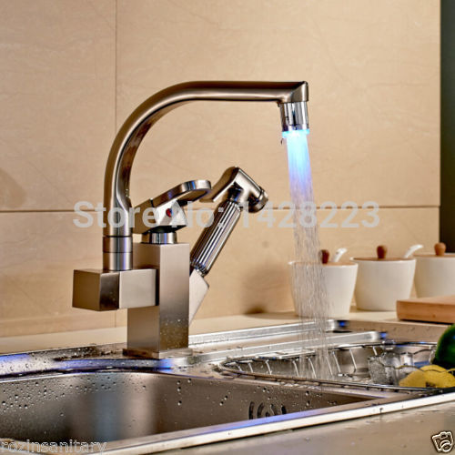 brushed nickel color changing led kitchen mixer faucet with side-sprayer double spout and cold water