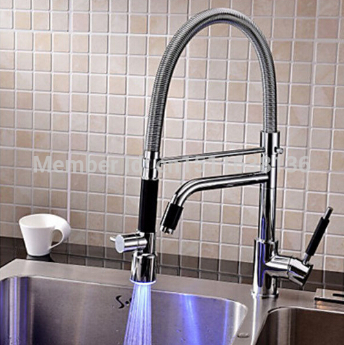 deck mounted led chrome brass kitchen faucet dual spouts sink mixer tap