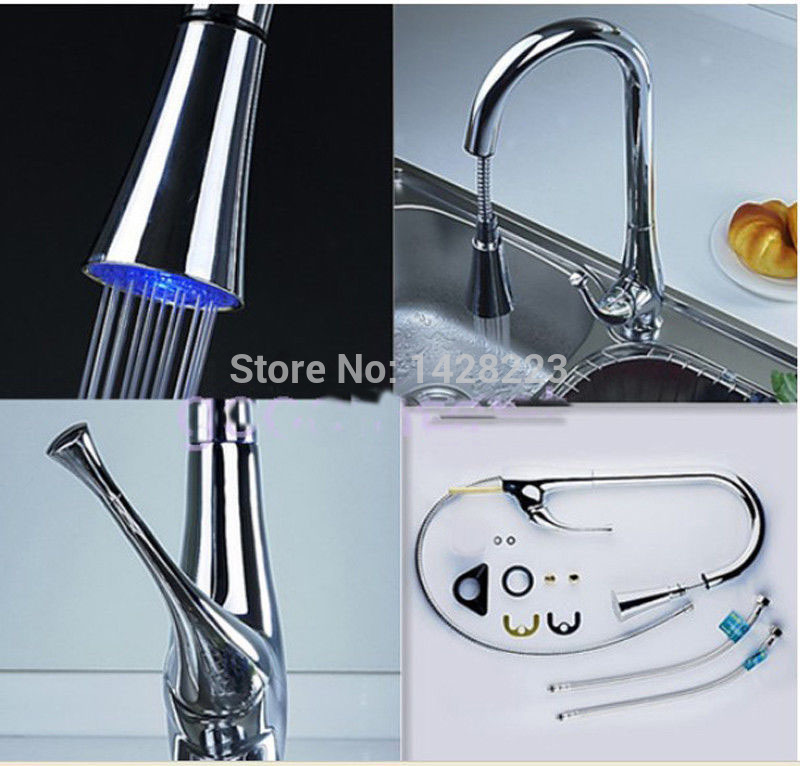 deck mounted pull out led 3 colors kitchen sink faucet polished chrome single handle kitchen mixer taps
