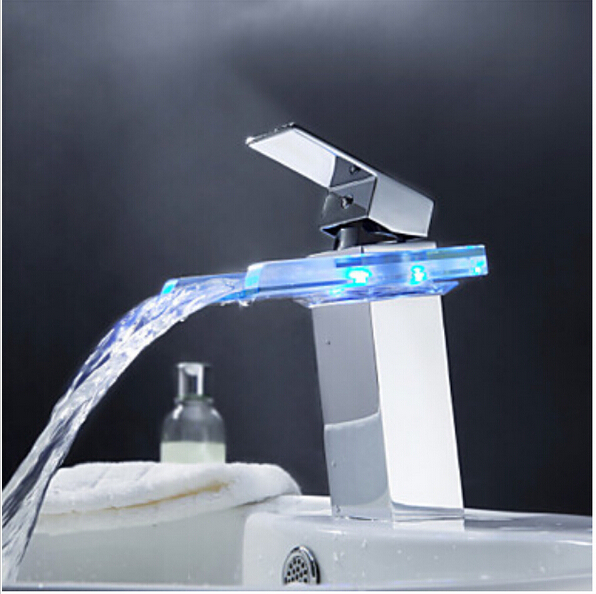led light waterfall spout bathroom basin faucet deck mount square vanity sink mixer tap