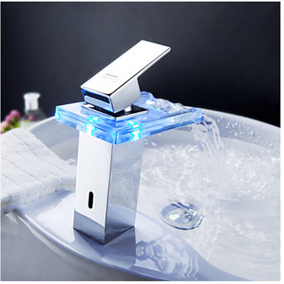 led light waterfall spout bathroom basin faucet deck mount square vanity sink mixer tap