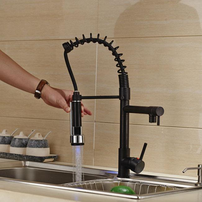 luxury color changing led kitchen sink faucet deck mount spring pull down and cold mixer taps