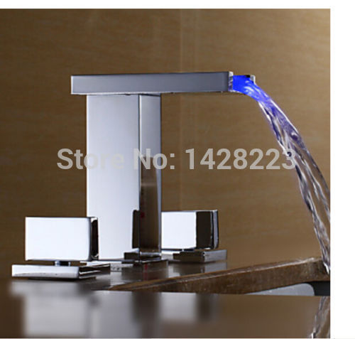 luxury led color changing waterfall bathroom basin faucet widespread dual handles vanity sink mixer tap