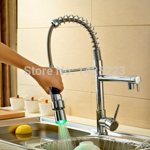 new deck mounted led spring dual spout brass kitchen faucet mixer tap polished chrome with and cold water