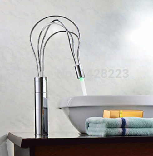 tall chrome polished countertop led color changing bathroom basin sink faucet ---"bird nest" sshape