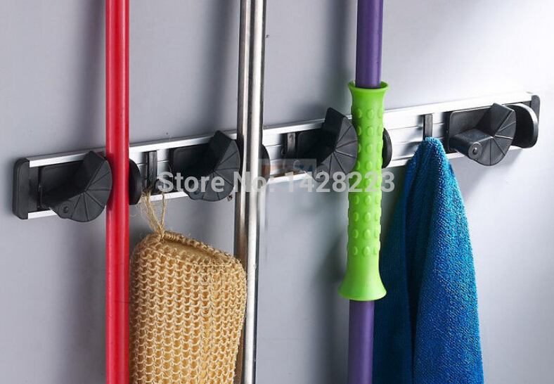 wall mounted abs plastic mop & broom holder bathroom cleaning tools hanger w/ hooks