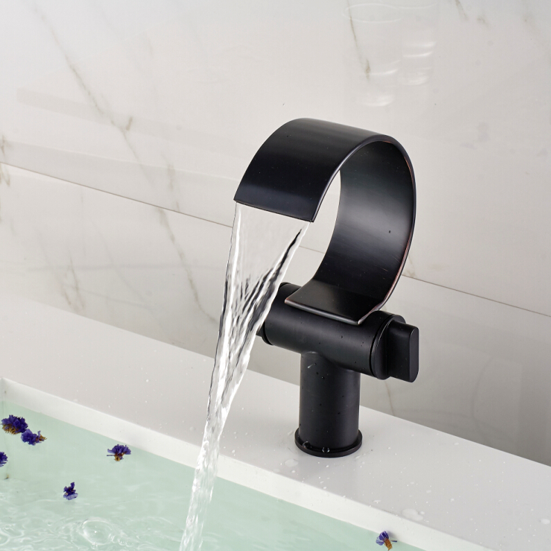 dual handles waterfall basin sink faucet deck mount brass vanity sink mixer taps oil rubbed bronze