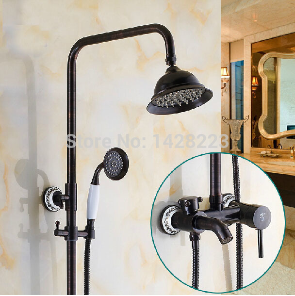 euro style oil rubbed bronze exposed shower mixer valve faucet set 8' rainfall brass showerhead + handheld shower