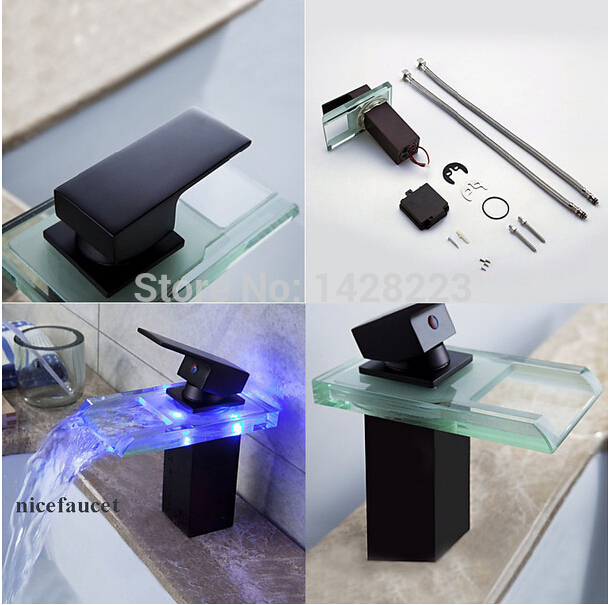 luxury 3 color changing led waterfall glass spout basin sink faucet oil rubbed bronze single handle bathroom basin faucet