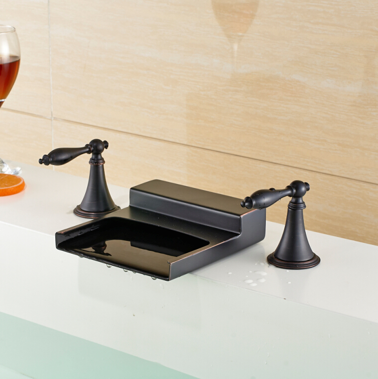 luxury brass waterfall basin vessel sink faucet double handles lavatory sink mixer tap 3pcs oil rubbed bronze