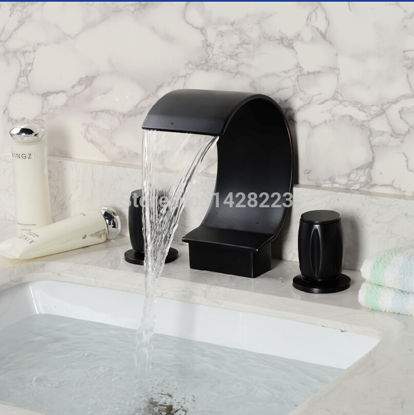 oil rubbed bronze 3pcs bathroom basin sink faucet deck mounted big "c shape " waterfall basin mixer taps