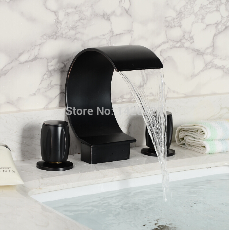 oil rubbed bronze 3pcs bathroom basin sink faucet deck mounted big "c shape " waterfall basin mixer taps