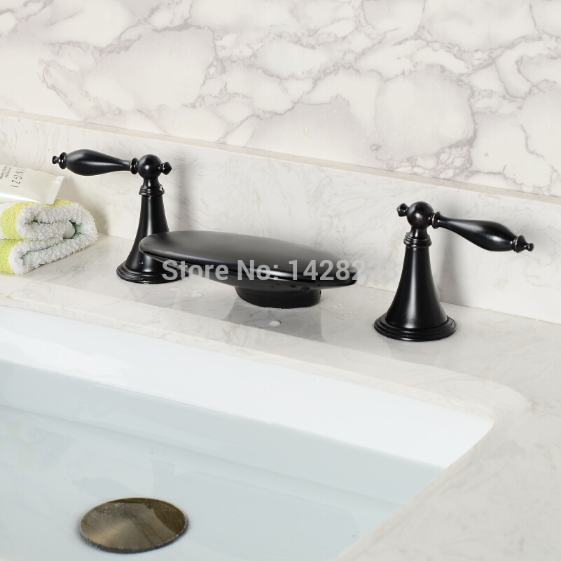 oil rubbed bronze bathroom 3pcs dual handles basin faucet deck mounted waterfall three holes bathroom tub mixer taps