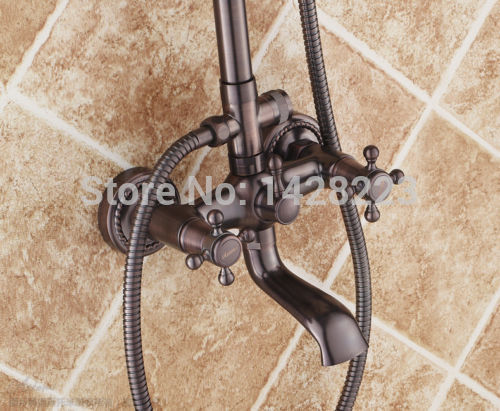 oil rubbed bronze wall mounted dual handles rainfall shower faucet set with hand shower + 8" brass shower head