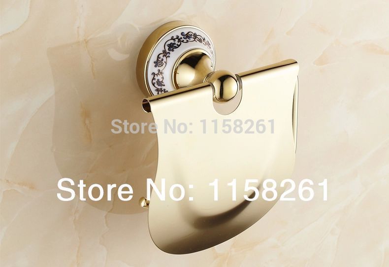 sell bathroom accessories blue & white porcelain solid brass golden finish toilet paper holder/bathroom product st-3396